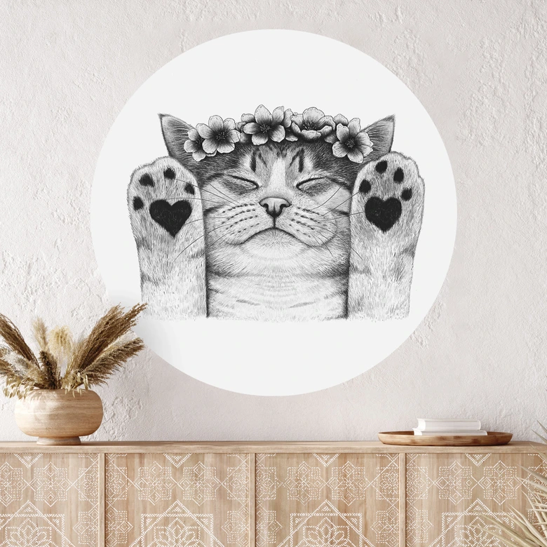Wallsticker Söt katt med hjärttassar - Korenkova - Rund 