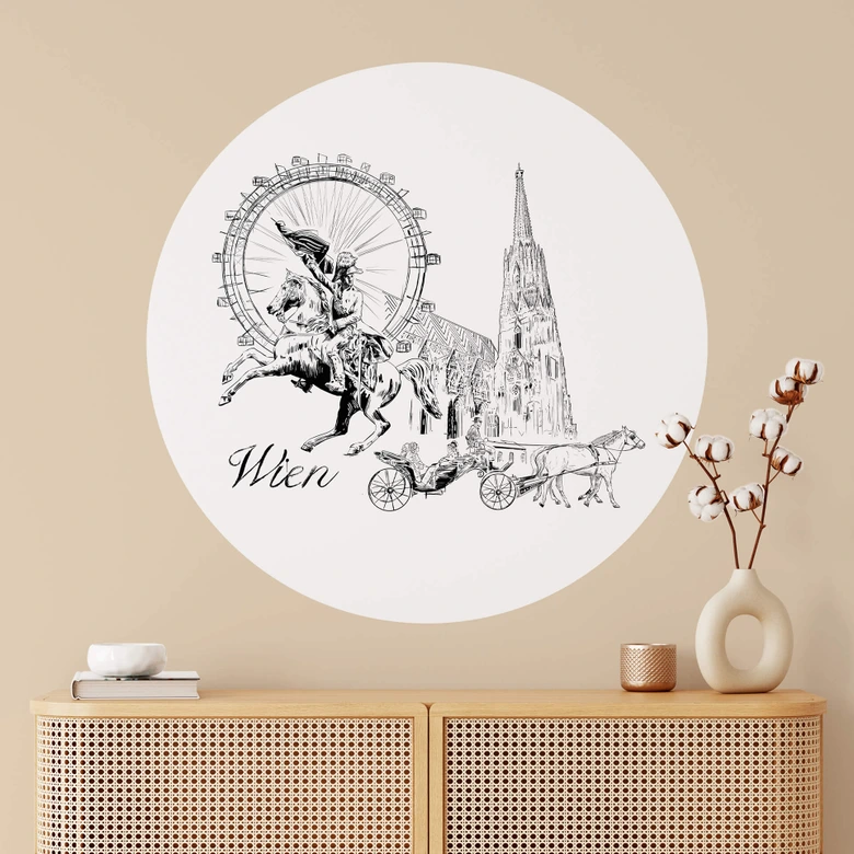 Wallsticker Wien - Sort og hvid - Rund - Elsk din by 