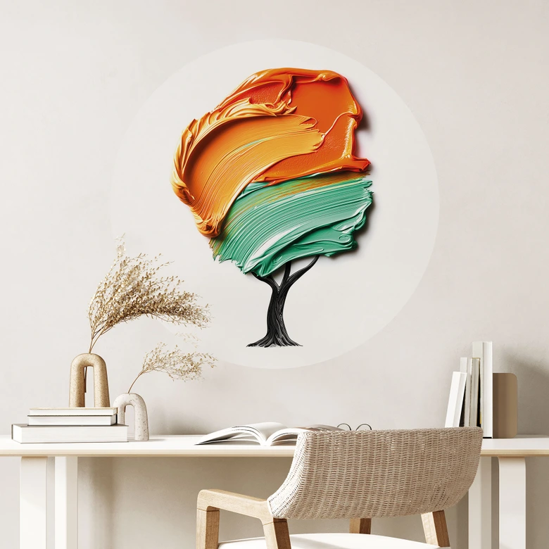Wandtattoo Baum mit oranger und grüner 3D-Krone - Mielu - Rund 