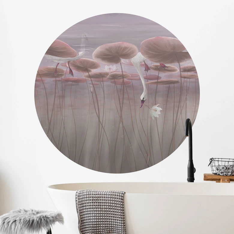 Wandtattoo Lotusblumen mit Schwan im Wasser in Altrosa - Ms Tiff - Rund 