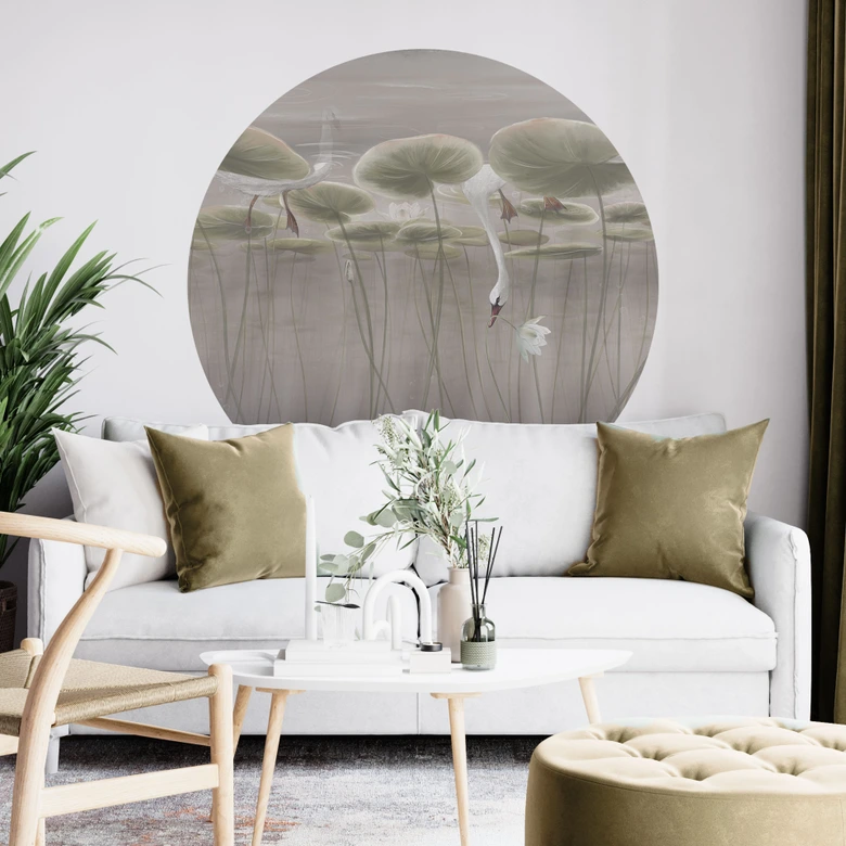 Wandtattoo Lotusblumen mit Schwan im Wasser in Grau - Ms Tiff - Rund 