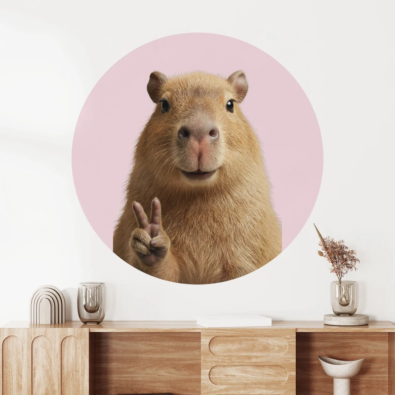 Sticker mural animal Peace Capybara - rond 