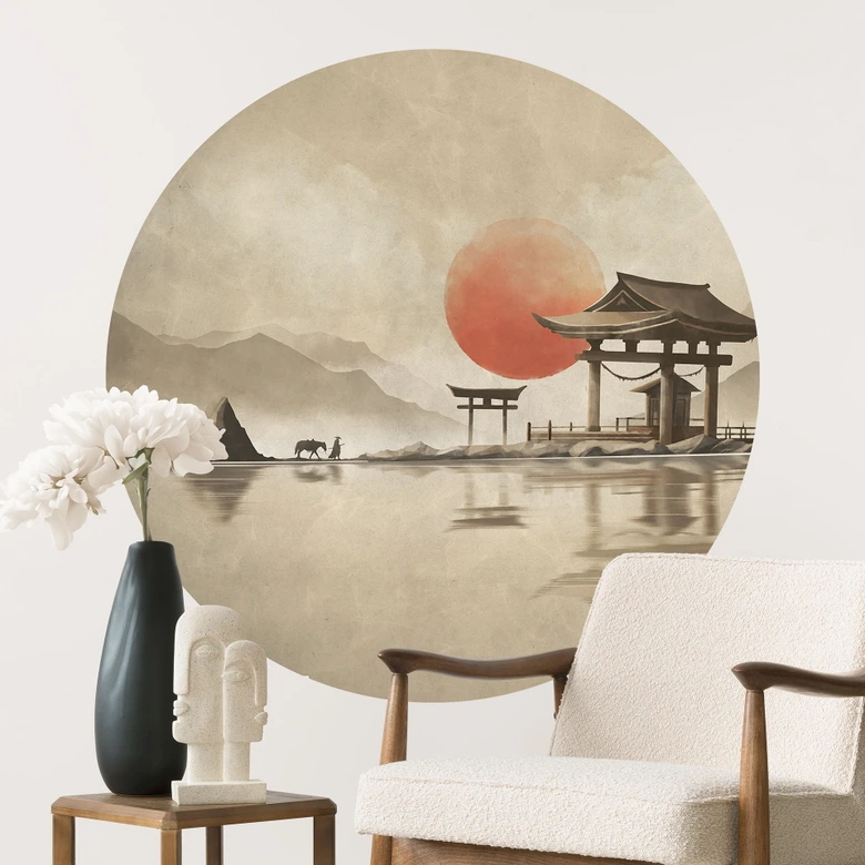 Wandtattoo Japanischer Tempel im Sonnenaufgang - Roze - Rund 