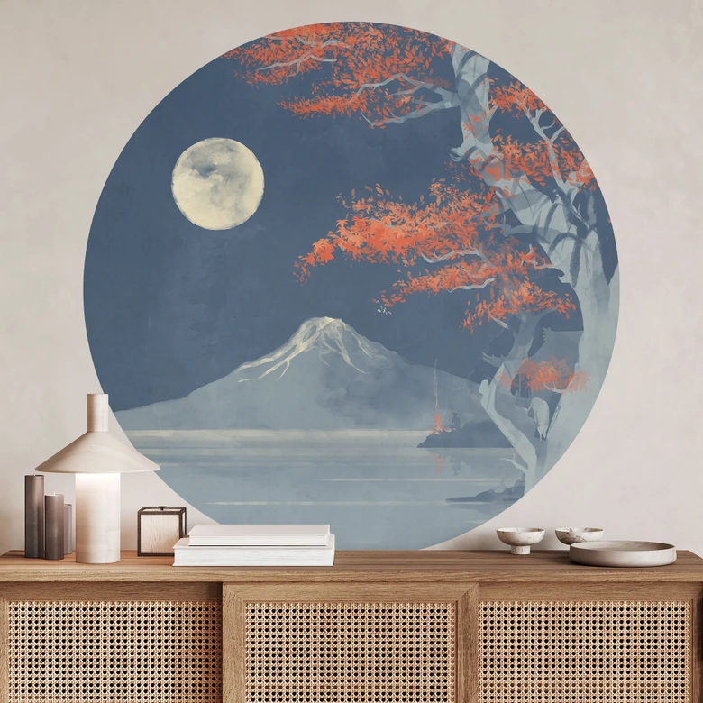 Muursticker volle maan boven de top van Fuji-san - Roze - Rond 