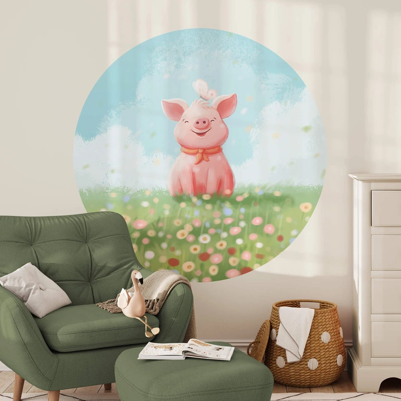 Wandtattoo Thai - Fröhliches Schweinchen auf der Sommerwiese - Rund 