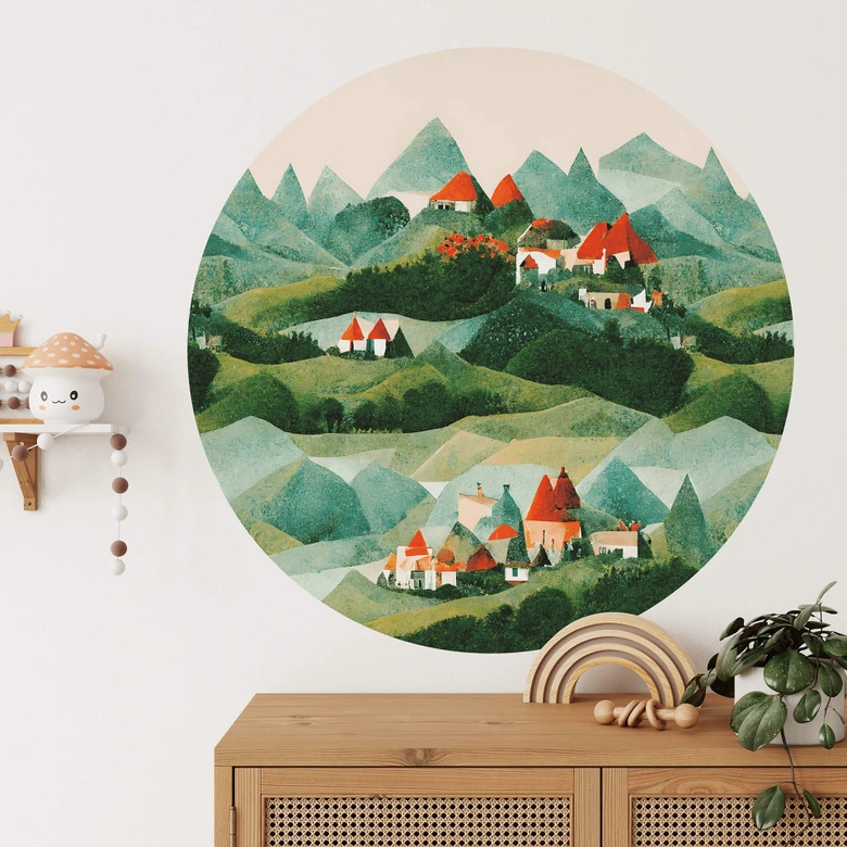 Wallsticker för barnrum Treechild - Liten by mitt bland gröna kullar - Rund 