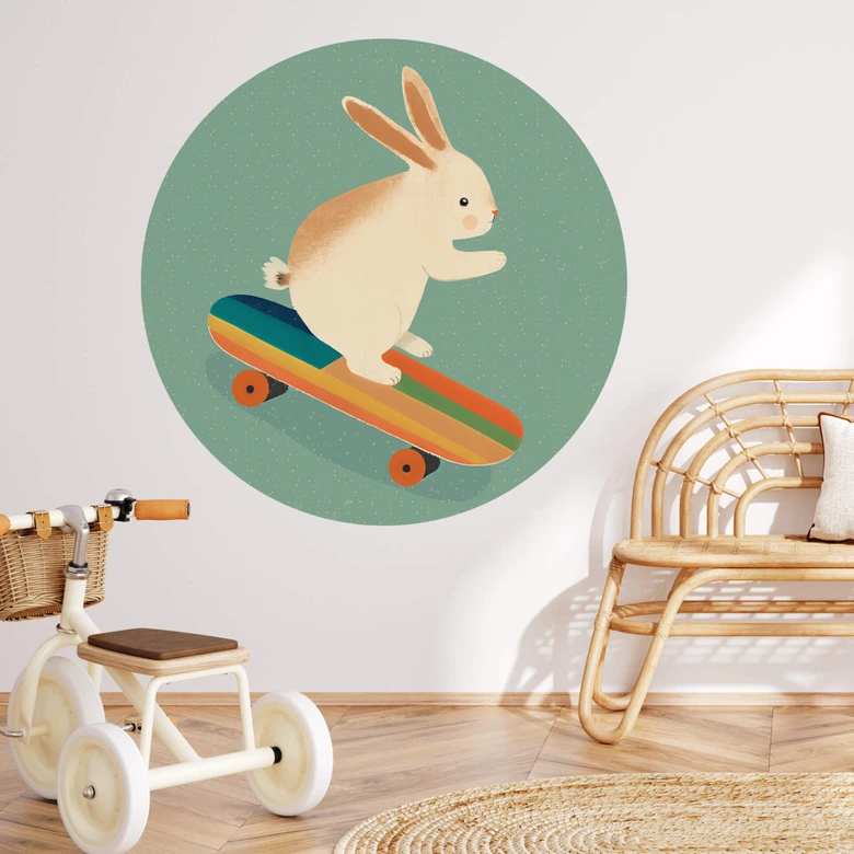 Wallsticker Treechild - Söt kanin på en skateboard - Rund 