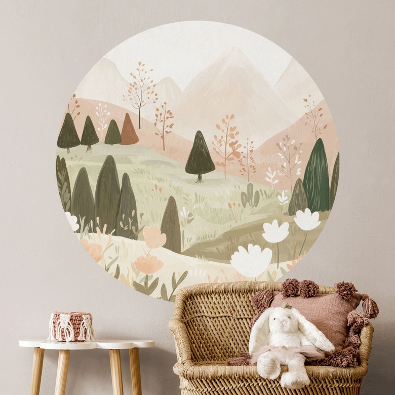 Vinilo decorativo paisaje de montaña en colores pastel con flores - Treechild - Redondo 