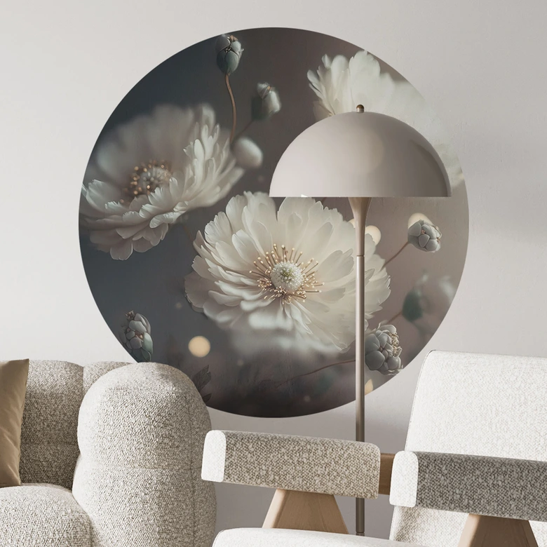 Sticker mural Fleurs blanches avec poussière d'or - Treechild - Rond 