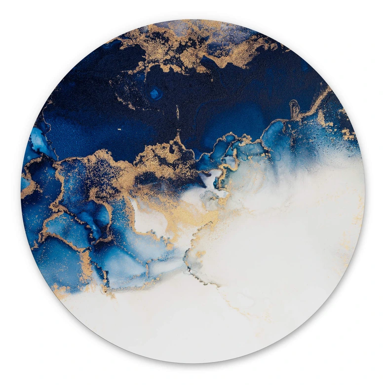 Tableau sur alu-Dibond rond Marbre abstrait avec effet bleu et or 