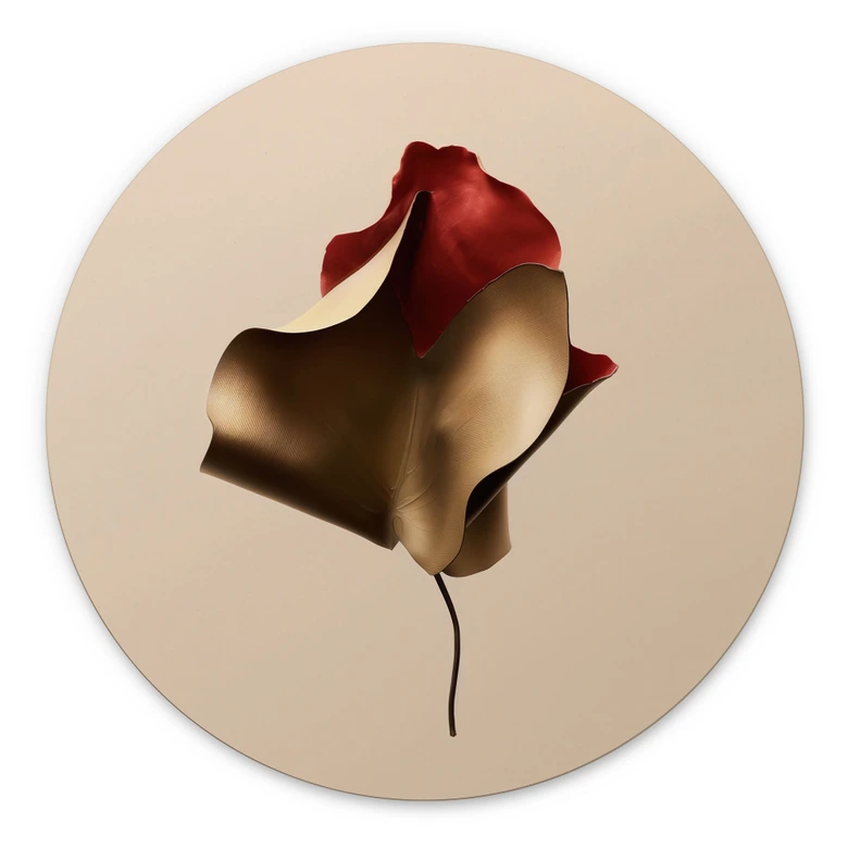 Wandbild Elegantes Blatt in Gold und Rot - Alma - Alu-Dibond Rund 
