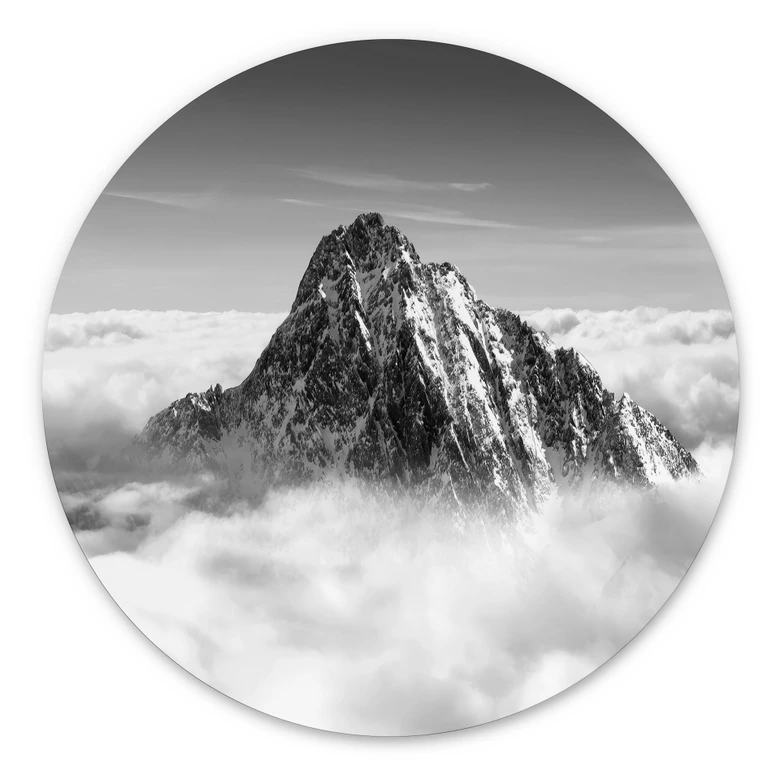 Wandbild Bergspitze über den weißen Wolken - Alu-Dibond - Rund 