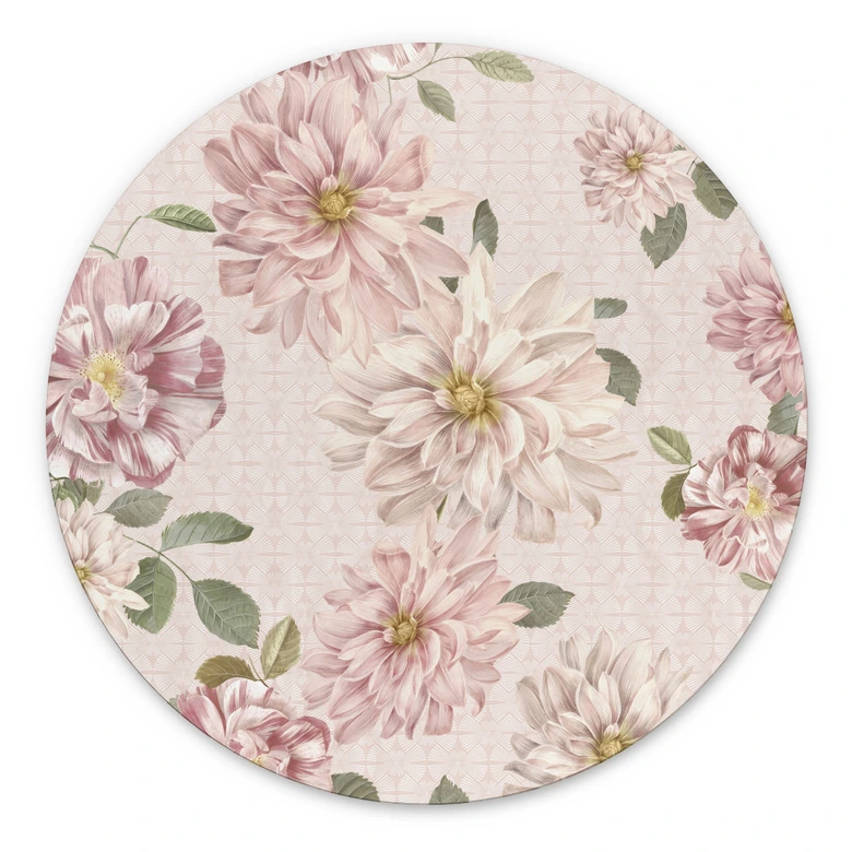 Wandbild Dahlien Shabby Chic Rosa - Bloomery Decor - Alu-Dibond Rund 