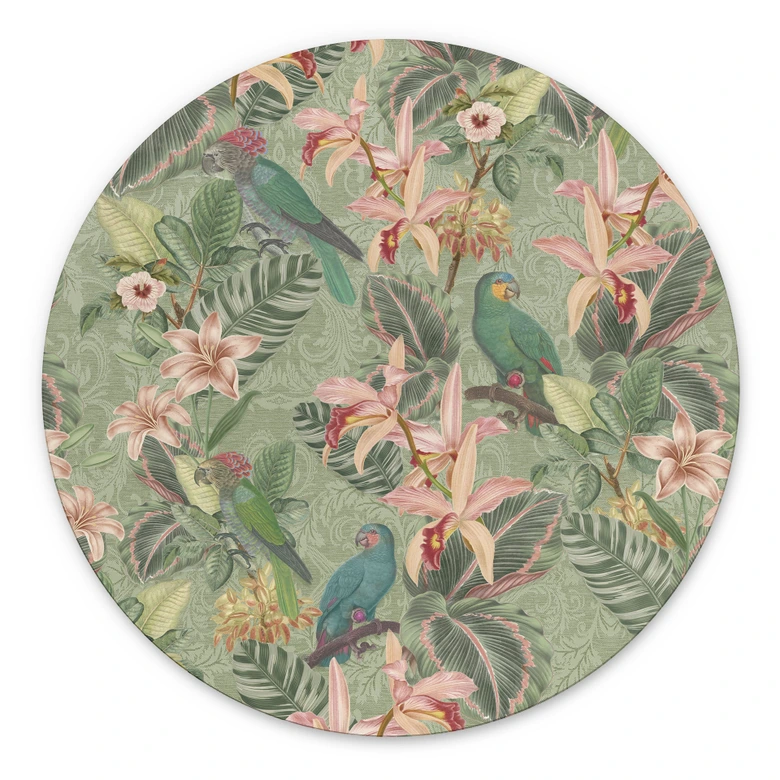 Wandbild Dschungel mit Papageien Grün - Bloomery Decor - Alu-Dibond Rund 