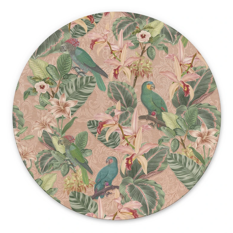 Wandbild Dschungel mit Papageien Rosa - Bloomery Decor - Alu-Dibond Rund 