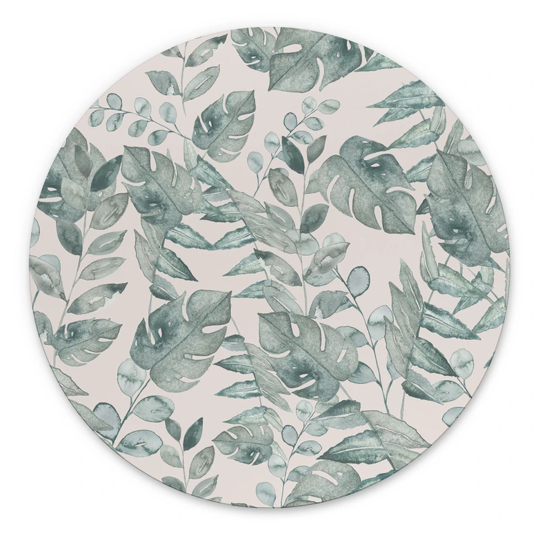 Billede Jungle Leaves Watercolour Cream - Bloomery Decor - Alu-Dibond Round 