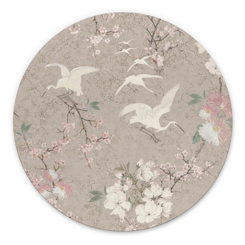 Wandbild Kraniche im Kirschblüten-Rausch Beige - Bloomery Decor - Alu-Dibond Rund 