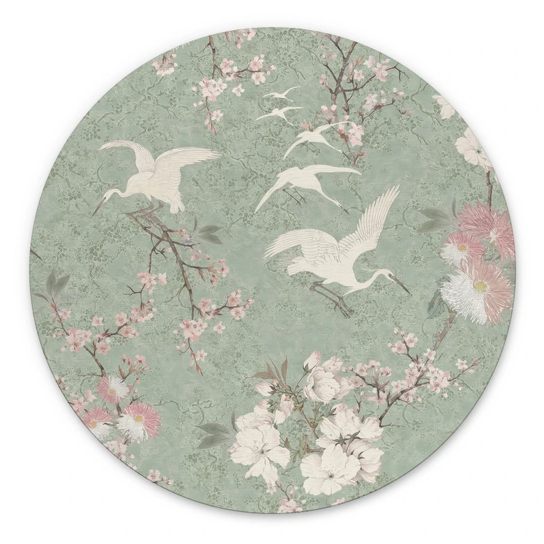 Wandbild Kraniche im Kirschblüten-Rausch Grün - Bloomery Decor - Alu-Dibond Rund 