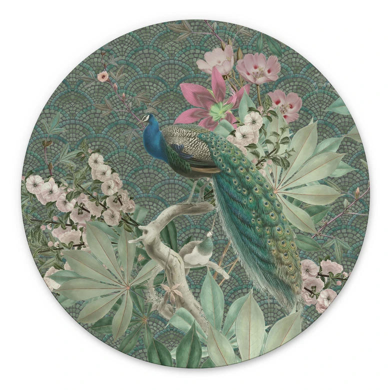 Wandbild Pfau im Tropengarten auf Mosaik - Bloomery Decor - Alu-Dibond Rund 