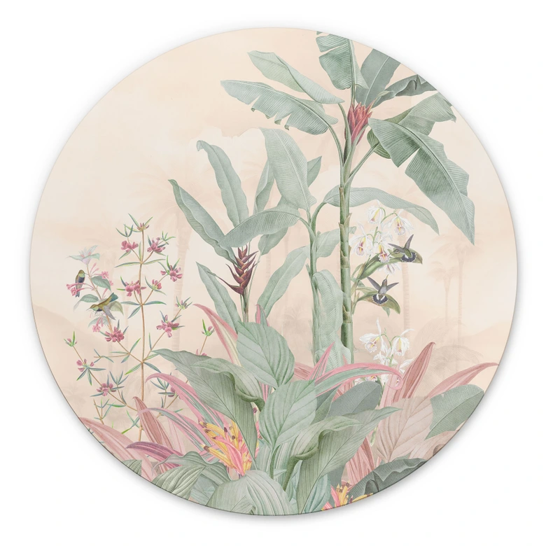 Wandbild Tropische Idylle mit Kolibri Apricot - Bloomery Decor - Alu-Dibond Rund 
