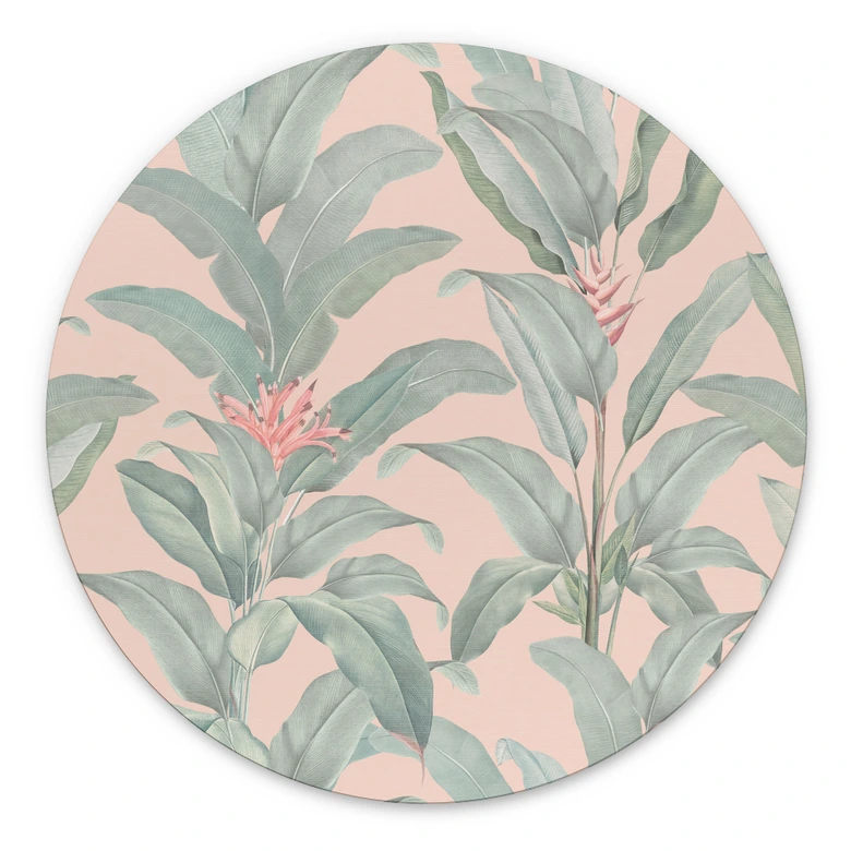 Wanddecoratie Urban Jungle Tropische Bladeren Roze - Bloemdecoratie - Alu-Dibond Rond 