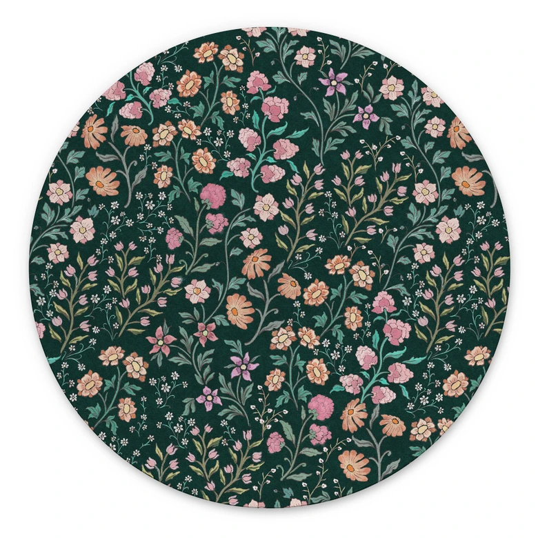 Wanddecoratie met vintage weidebloemen - Donkergroen - Bloemdecoratie - Aluminium dibond rond 