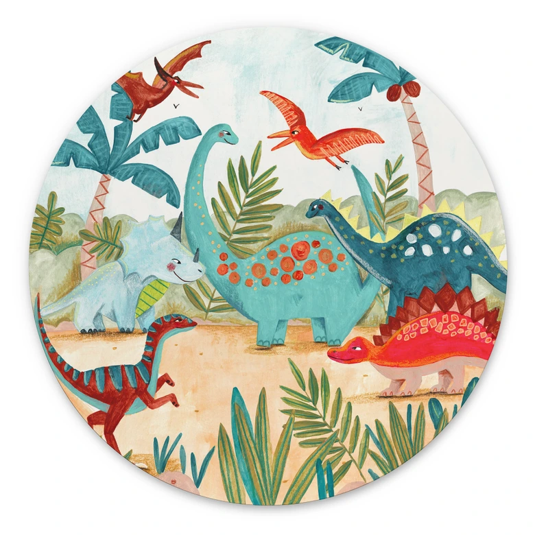 Wandbild Farbenfrohe Dinosaurier im Urzeitwald - Bonne Müller - Alu-Dibond Rund 
