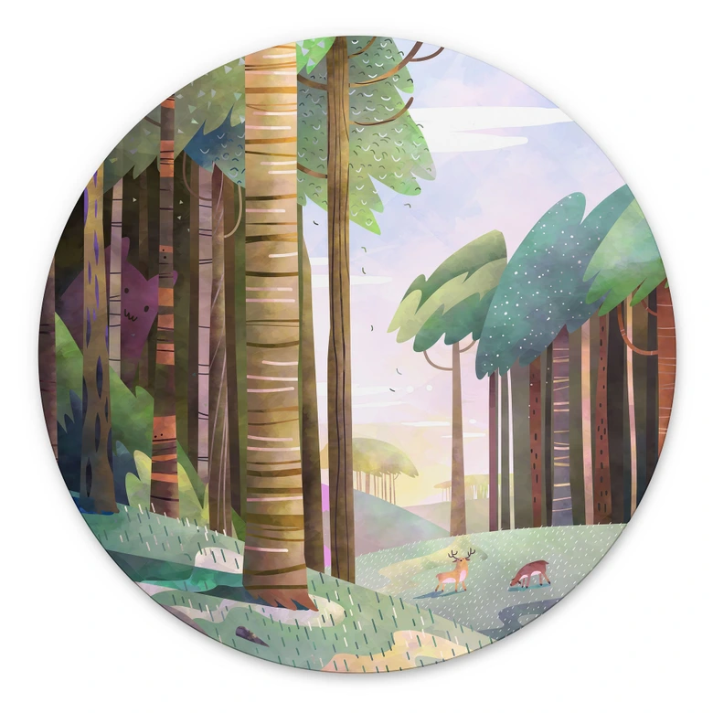 Tableaux Forêt ensoleillée avec cerf - DigitalArtsi - Rond - Alu-Dibond 