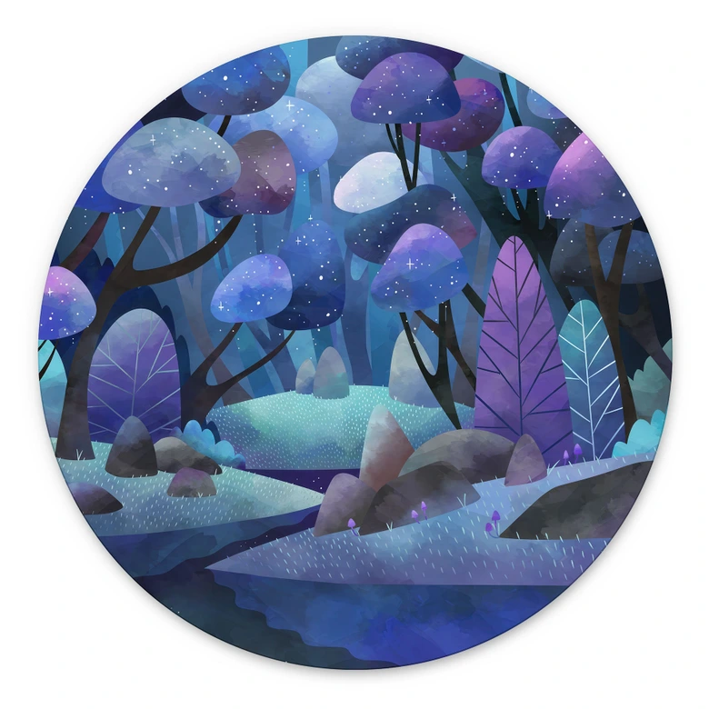 Wandbild Zauberwald in Mitternachtsblau - DigitalArtsi - Rund - Alu-Dibond 