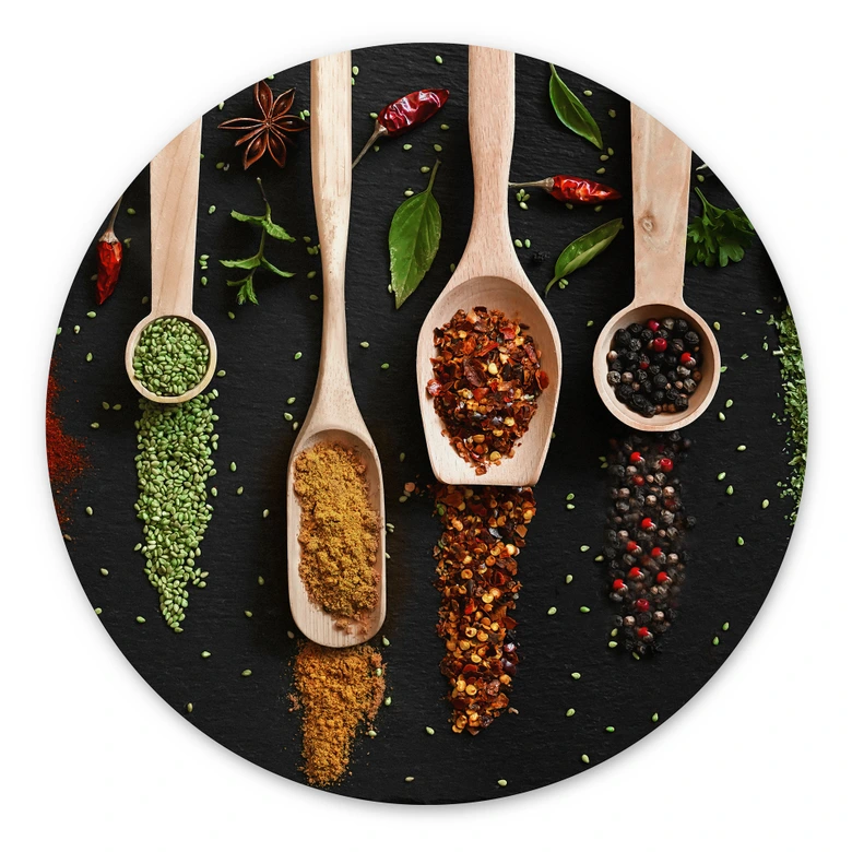 Tableau sur alu-Dibond rond Herbes et épices sur une cuillère en bois - Dingemans 