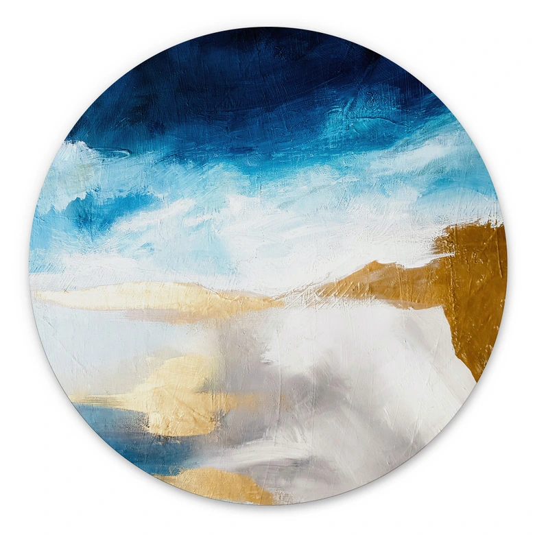 Wandbild Pinselstriche Blau und Gold - Alu-Dibond Rund - Haniff 