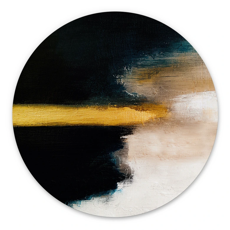 Wandbild Pinselstriche Gold und Schwarz - Haniff - Alu-Dibond Rund 
