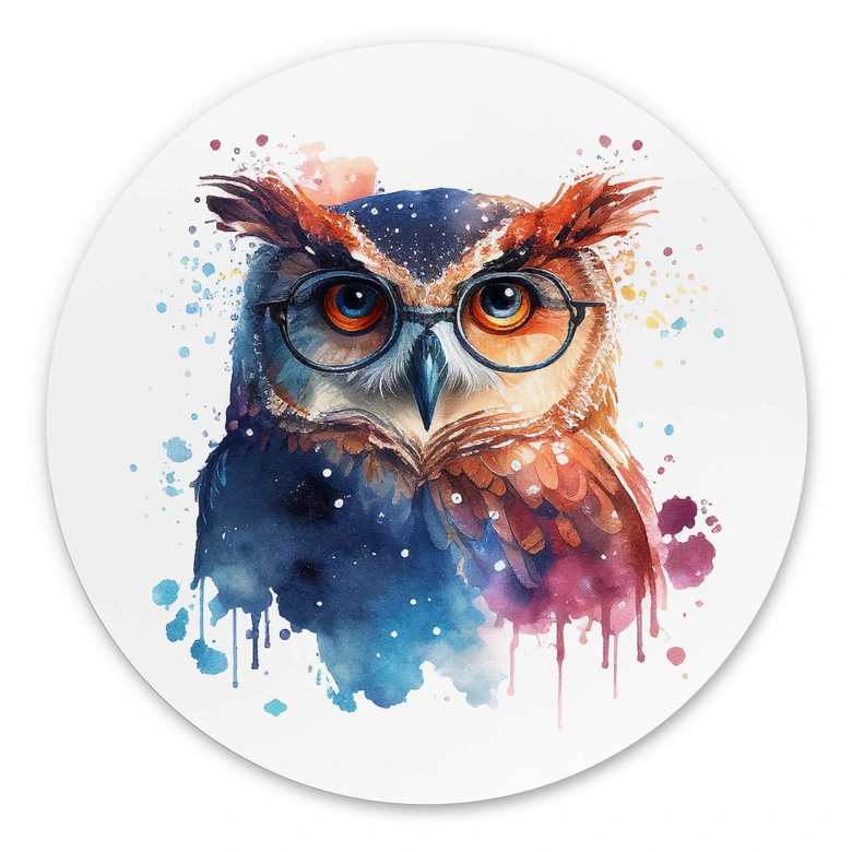 Rundes Wandbild Heine - Intelligente Eule mit Brille - Astro Cruise - Alu-Dibond 