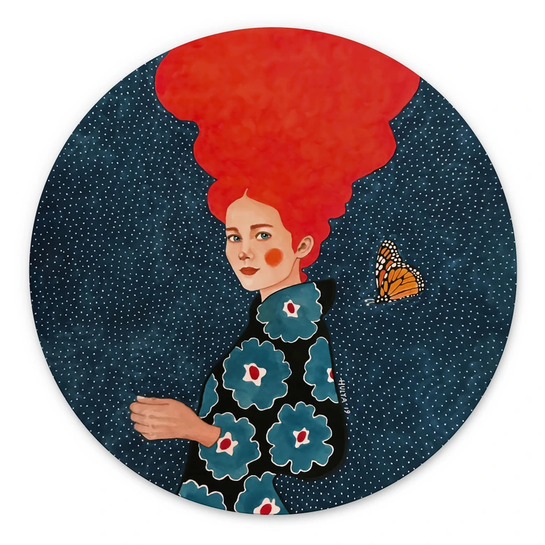 Wandbild Frau im Blumenkleid mit Schmetterling - Alu-Dibond - Hülya - Rund 