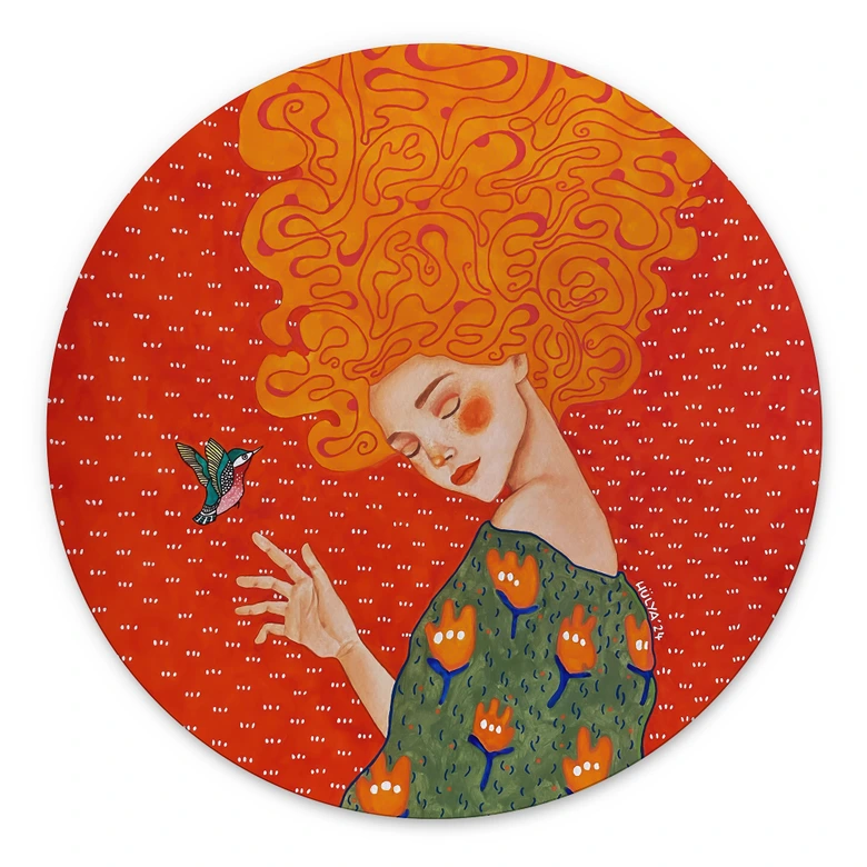 Wandbild Kolibri und Frau im roten Licht - Hülya - Rund - Alu-Dibond 