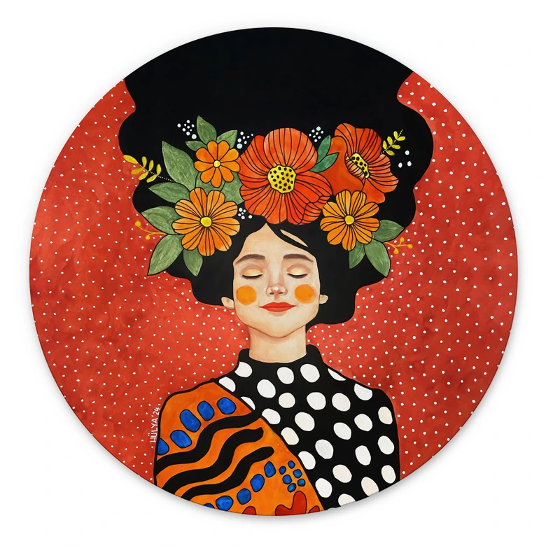 Wandbild Lächelnde Frau mit orangen Blumen - Hülya - Alu-Dibond - Rund 