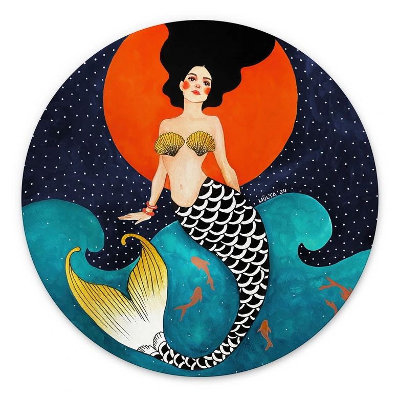 Tableaux Sirène au clair de lune rouge - Hülya - Alu-Dibond Rond 