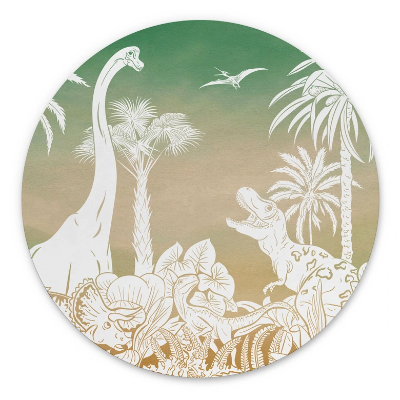 Rundes Wandbild Abenteuerreise zu den Dinosauriern - Ombre - Kikki Belle - Alu-Dibond 