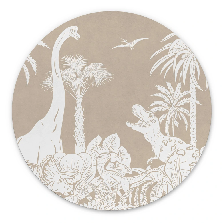 Rundes Wandbild Dinosaurier im wilden Dschungel - Braun - Kikki Belle - Alu-Dibond 