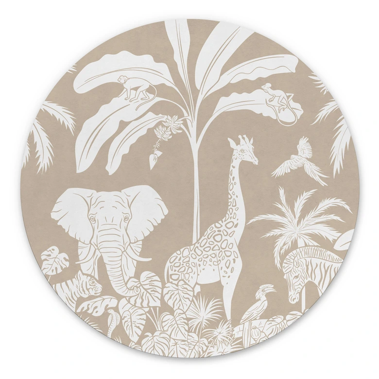 Rundes Wandbild Dschungelträume - Afrikas Tierwelt in Braun - Kikki Belle - Alu-Dibond 