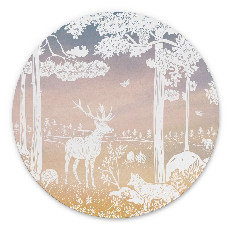 Rundes Wandbild Friedlicher Wald mit Hirschen und Füchsen - Ombre - Kikki Belle - Alu-Dibond 
