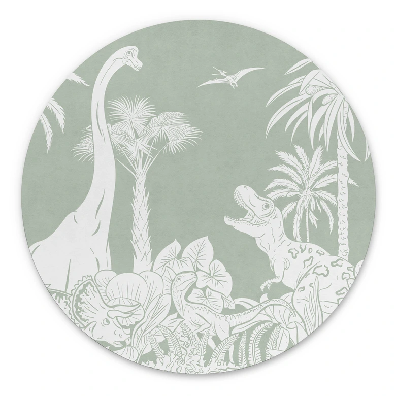 Rundes Wandbild Grüne Urzeitwelten - Dinosaurier unter Palmen - Kikki Belle - Alu-Dibond 