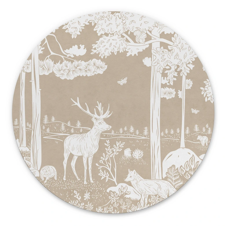 Rundes Wandbild Herbstlicher Wald mit Hirschen und Füchsen - Braun - Kikki Belle - Alu-Dibond 
