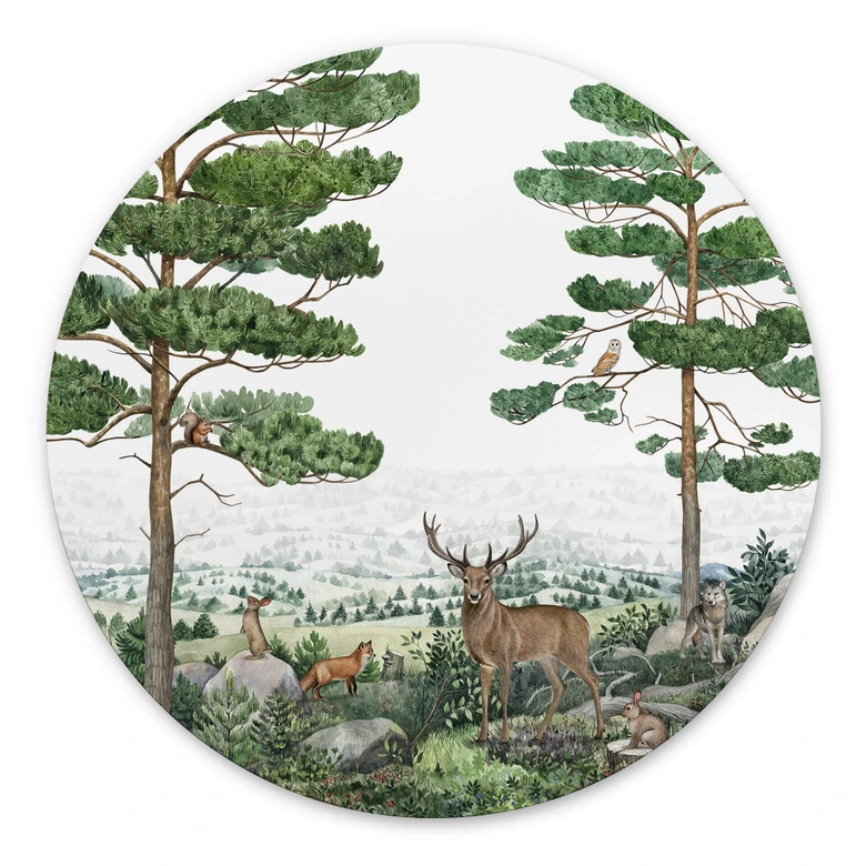 Wandbild Kikki Belle - Tierische Abenteuer im Grünen - Alu-Dibond Rund 