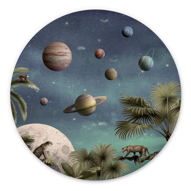 Rundes Wandbild Kikki Belle - Tropische Fantasiewelt mit Planeten und Palmen - Alu-Dibond 