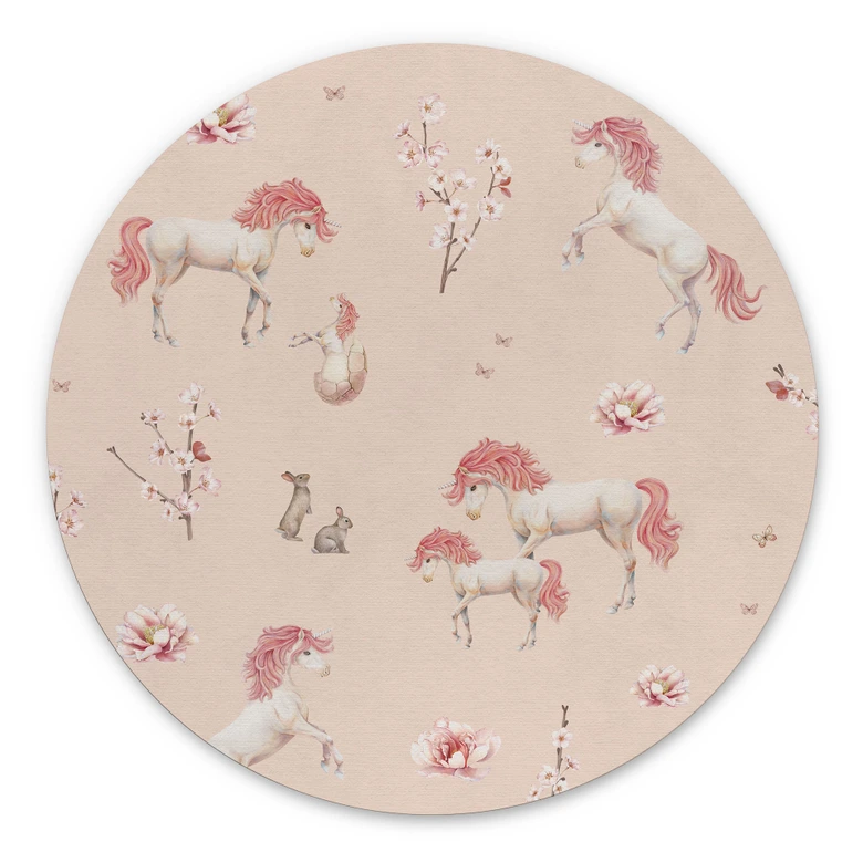 Rundes Wandbild Verzauberte Einhörner mit Kirschblüten - Alu-Dibond - Kikki Belle 