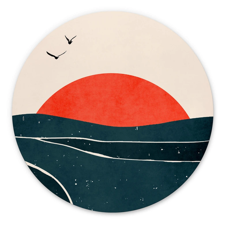 Wandbild Sonnenuntergang am Meer mit Tauben - Kubistika - Alu-Dibond - Rund 