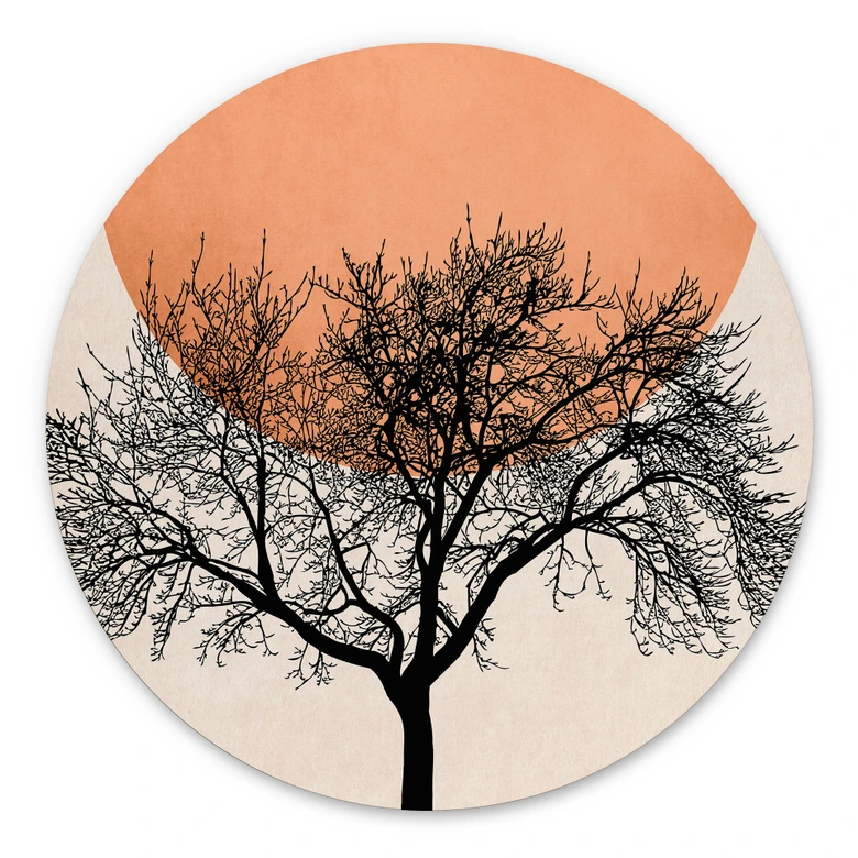 Tableau sur alu-Dibond rond Matin d'hiver en couleur pêche - Kubistika 