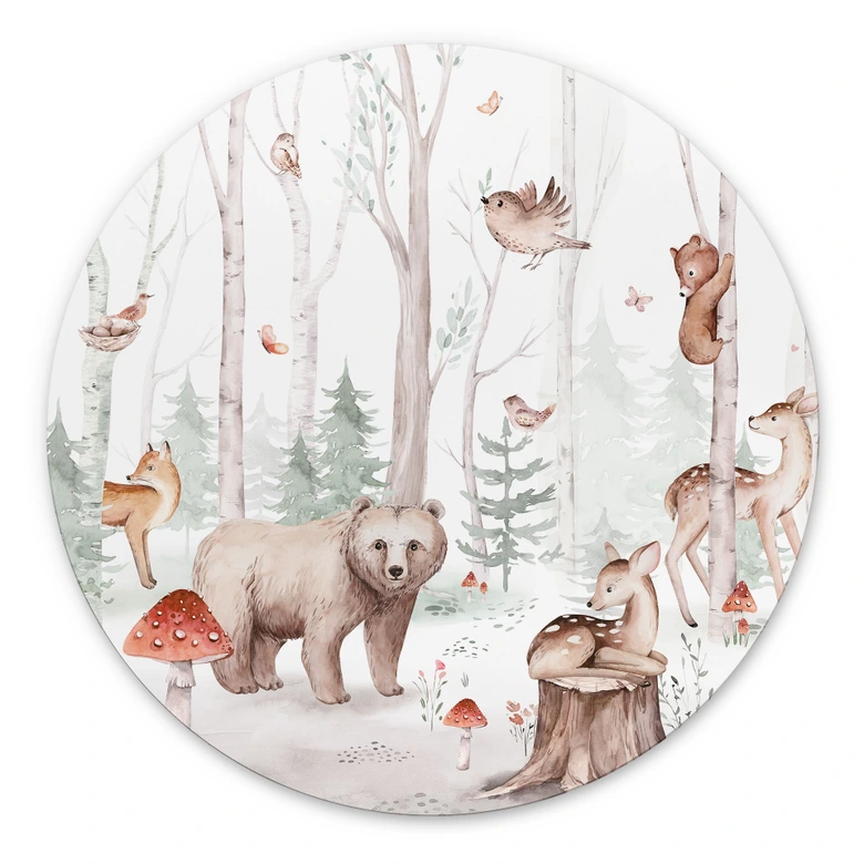 Wanddecoratie Bosdieren in de herfst - Kvilis - Alu-Dibond Rond 