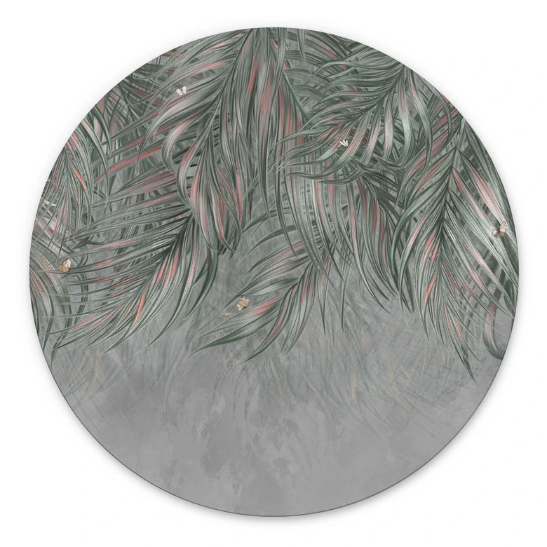 Wanddecoratie Exotische palmbladeren roze-groen - Ms Tiff - Alu-Dibond Rond 